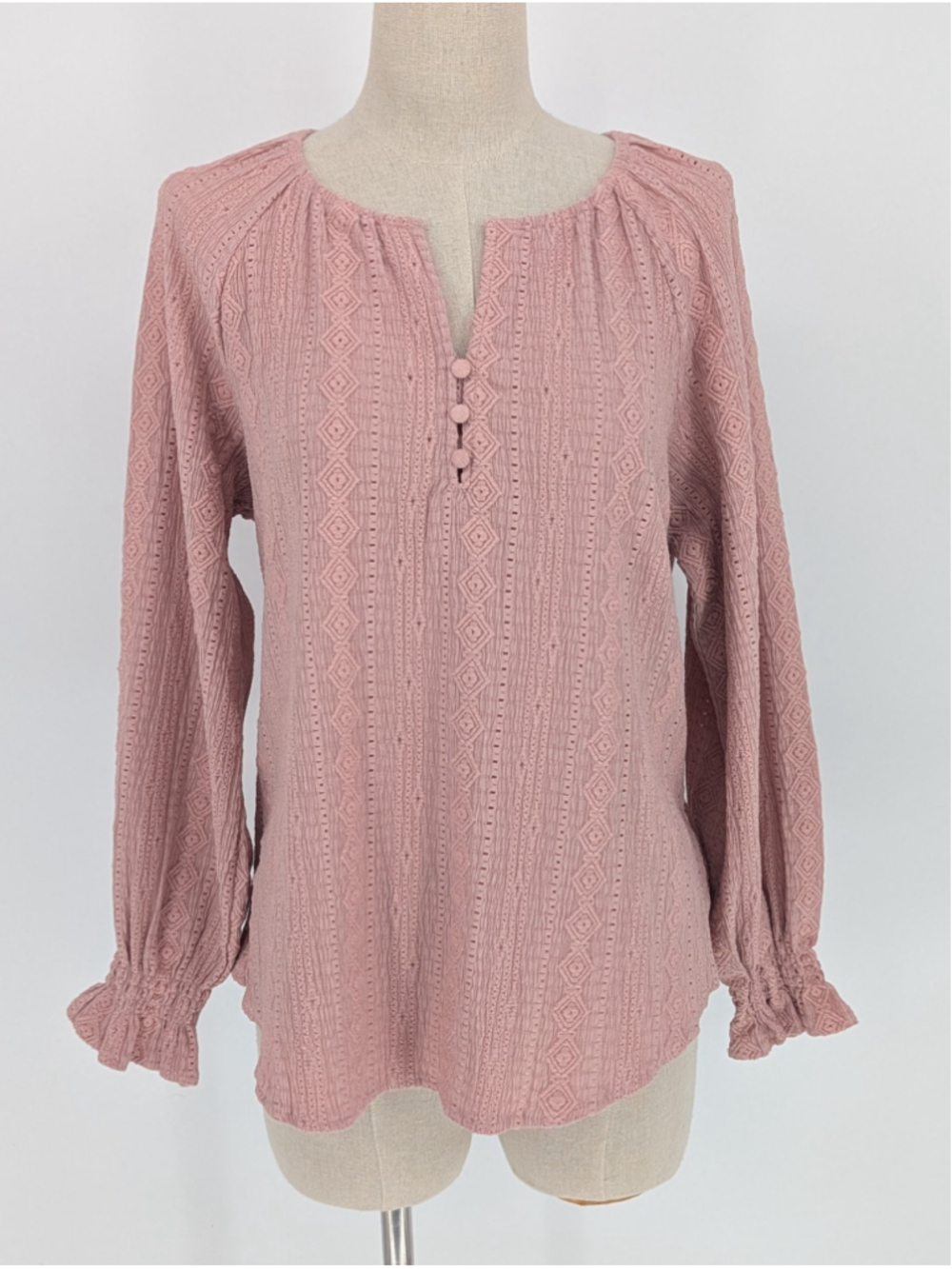 Frye Pink Textured Eyelet Peasant Blouse S Bishop Sleeve Romantic Boho Pointelle